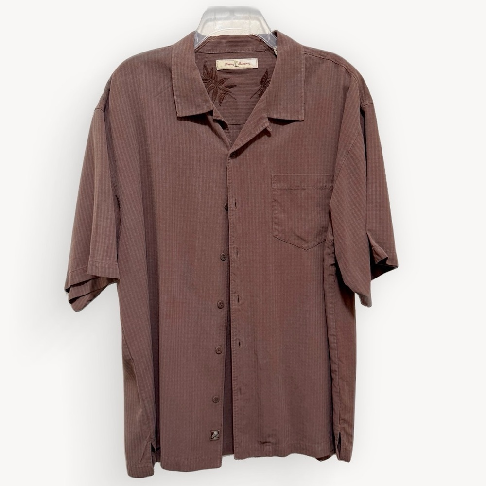 Tommy Bahama 100% silk short sleeve shirt, chocolate brown textured stripe XL‌